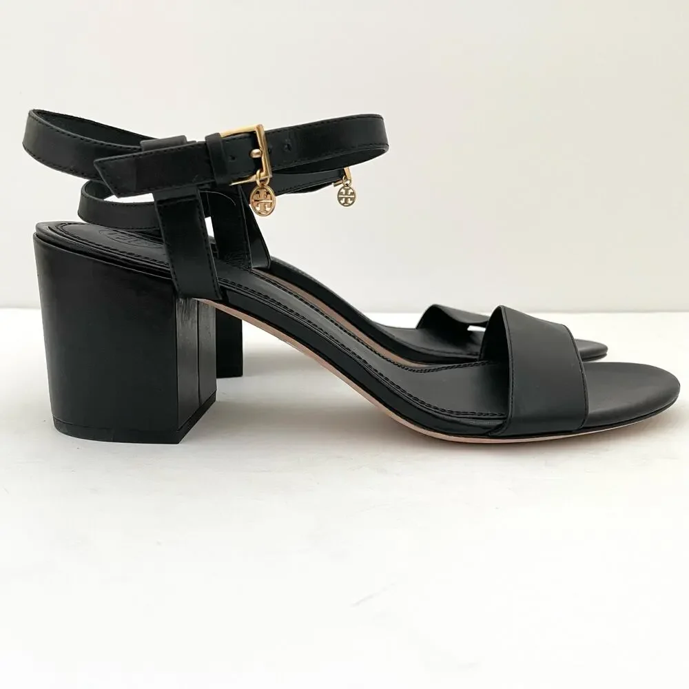 Tory Burch Black Leather Block Heel Sandals with Gold Buckle